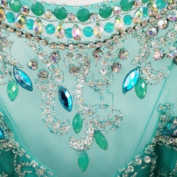 Rachel Allan 22w Prom Dress Teal Beaded Sequin Cap Sleeve Mesh Layered Maxi Long - Picture 13 of 16